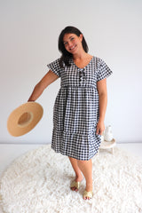 Baby Doll Button Up Dress In Cotton Gingham Black & White