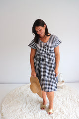 Baby Doll Button Up Dress In Cotton Gingham Black & White