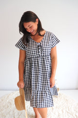 Baby Doll Button Up Dress In Cotton Gingham Black & White