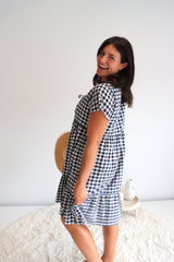 Baby Doll Button Up Dress In Cotton Gingham Black & White