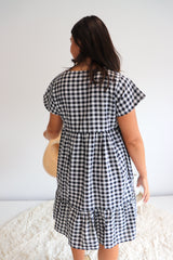 Baby Doll Button Up Dress In Cotton Gingham Black & White