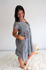 Baby Doll Button Up Dress In Cotton Gingham Black & White