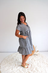 Baby Doll Button Up Dress In Cotton Gingham Black & White
