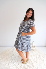 Baby Doll Button Up Dress In Cotton Gingham Black & White