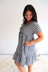 Baby Doll Button Up Dress In Cotton Gingham Black & White