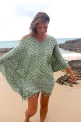 Short Kaftan With Tassels In Sage