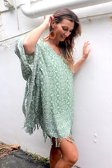 Short Kaftan With Tassels In Sage
