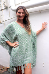 Short Kaftan With Tassels In Sage