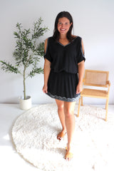 Short Grecian Dress In Black Embroidery