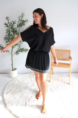 Short Grecian Dress In Black Embroidery