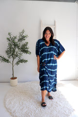 Long Kaftan in Navy Tie Dye