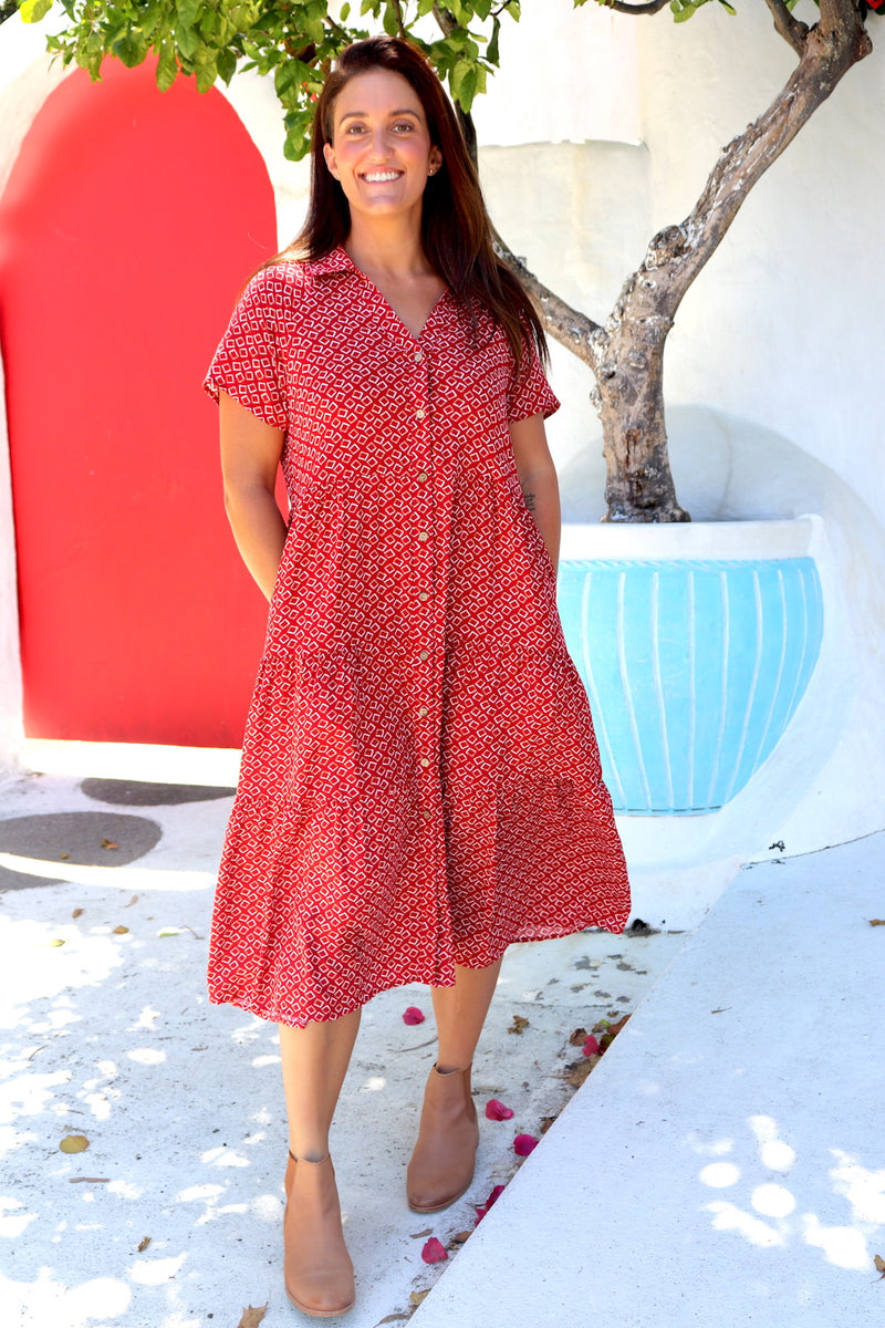 Collared Button up Maxi in Geo Red