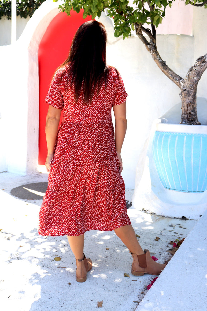 Collared Button up Maxi in Geo Red
