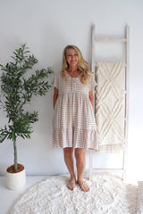 Baby Doll Button Up Dress In Cotton Gingham Taupe