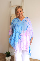 Short Kaftan With Tassels Tie Dye Blue Purple Pink