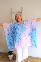 Short Kaftan With Tassels Tie Dye Blue Purple Pink
