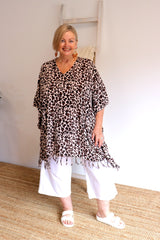 Short Kaftan With Tassels In Animal Choc Milk