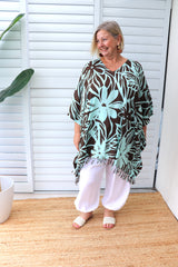 Short Kaftan With Tassels In Hibiscus Mint