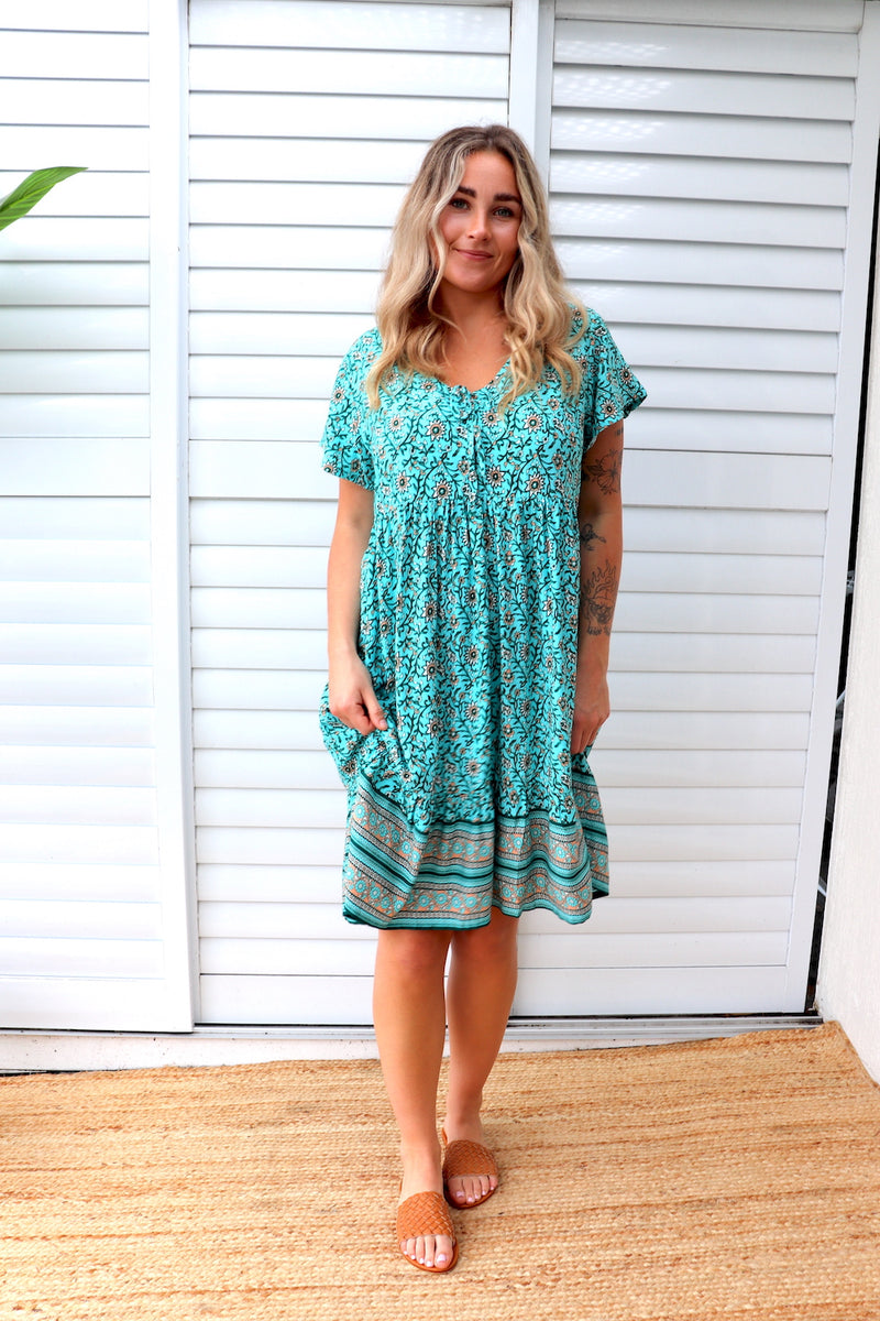 Baby Doll Button Up Dress in Cottage Vine Aqua