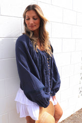Coastal Cotton Long Sleeve Top - Navy