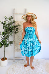 Strapless Beach Dress/Skirt in Blue Leaf
