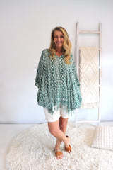 Short Kaftan With Tassels In Sage Green