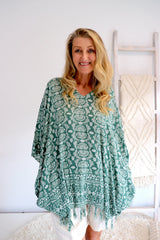 Short Kaftan With Tassels In Sage Green