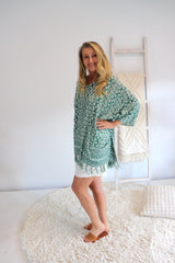 Short Kaftan With Tassels In Sage Green