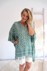 Short Kaftan With Tassels In Sage Green