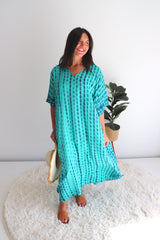 Long Kaftan In Aqua Tie Dye