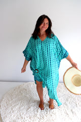 Long Kaftan In Aqua Tie Dye