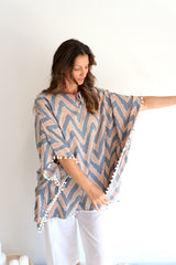 Short Pom Pom Kaftan in Taupe Zig Zag