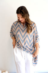 Short Pom Pom Kaftan in Taupe Zig Zag