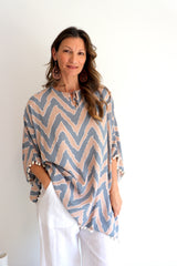 Short Pom Pom Kaftan in Taupe Zig Zag