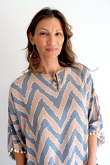 Short Pom Pom Kaftan in Taupe Zig Zag