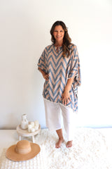 Short Pom Pom Kaftan in Taupe Zig Zag