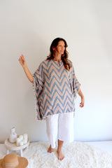 Short Pom Pom Kaftan in Taupe Zig Zag
