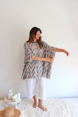 Short Pom Pom Kaftan in Taupe Zig Zag