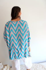 Short Pom Pom Kaftan in Teal Zig Zag