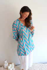 Short Pom Pom Kaftan in Teal Zig Zag