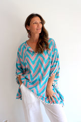 Short Pom Pom Kaftan in Teal Zig Zag