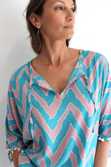 Short Pom Pom Kaftan in Teal Zig Zag