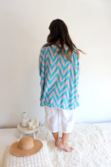 Short Pom Pom Kaftan in Teal Zig Zag