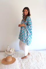 Short Pom Pom Kaftan in Teal Zig Zag