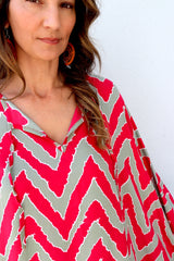 Short Pom Pom Kaftan in Red Zig Zag