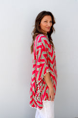 Short Pom Pom Kaftan in Red Zig Zag