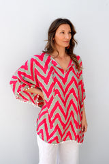 Short Pom Pom Kaftan in Red Zig Zag