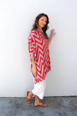 Short Pom Pom Kaftan in Red Zig Zag