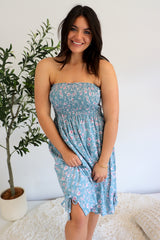 Strapless Beach Dress/Skirt in Blue Flower