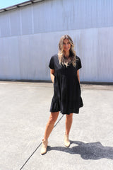 Baby Doll Button Up Dress In Black